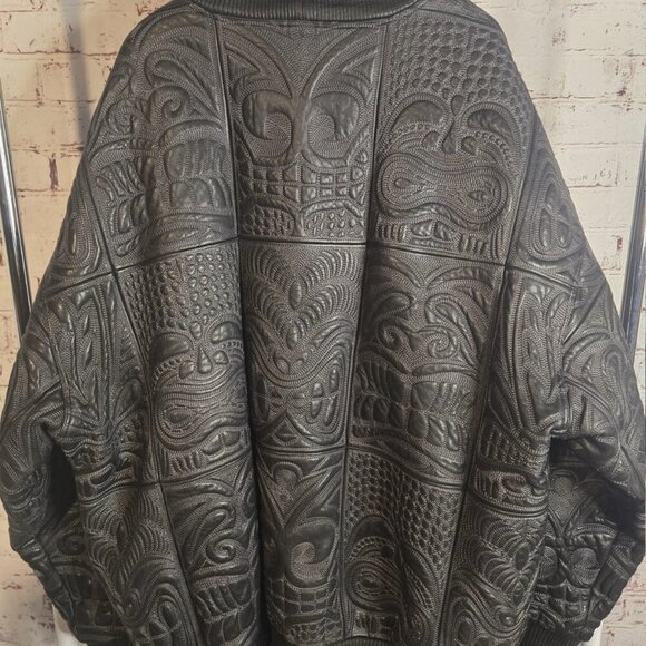 Al Wissam Men’s Embossed Genuine Leather Bomber Jacket Big & Tall, Tribal Design - Picture 5 of 15